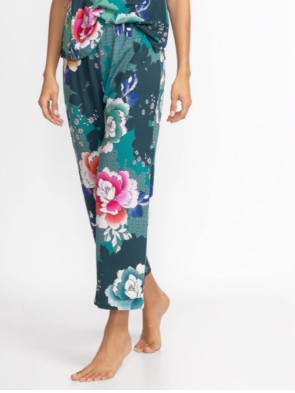 Johnny Was The Bobbie Crop Teal Floral Pajama Lounge Pant S